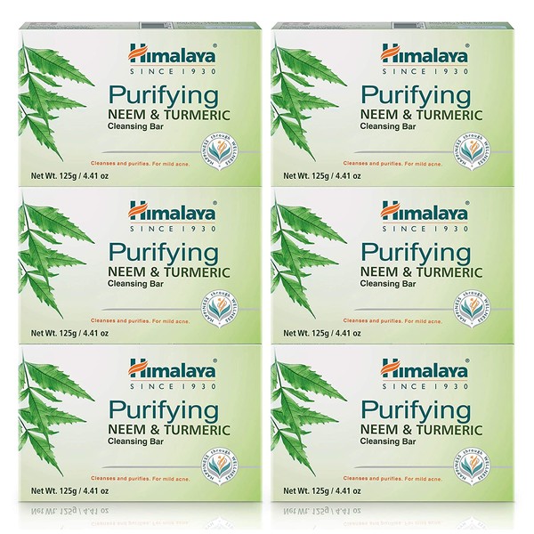 Himalaya Purifying Neem & Turmeric Cleansing Bar, Face and Body Soap for Soft, Clear & Acne Free Skin, 4.41 oz, 6 Pack