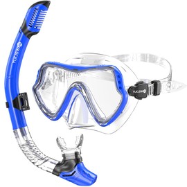 Diving mask Breathing Tube Set, Fully Dry Professional Diving Goggles, Nose Protection Integrated Snorkeling Goggles (Blue&Transparent)