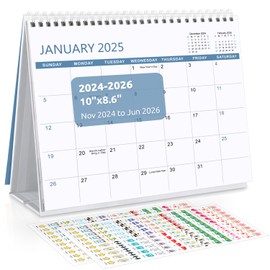 SKYDUE Desk Calendar 2025, Nov 2024 to Jun 2026 20 Months Small Desk Calendar with Planner Stickers, 10" x 8" Desktop Calendar Planner Standing Flip, Blue