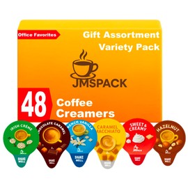 Coffee Creamer Single Serve Variety Pack, Gift Assortment Box, French Vanilla, Irish Cream, Caramel Macchiato, Sweet Cream, Chocolate Caramel, Hazelnut (Box of 48ct/ 6 Different Flavor), for Home, Office, Coffee, Bar, Gift.