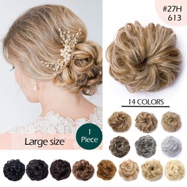 Hairro Messy Hair Bun Hair Piece For Women Hair Updo Scrunchies Synthetic Donut Stretchy Wedding Bridal Chignons Blonde Easy Bun Hairpiece 1pcs 40g #27H613 Sandy Brown Mix Bleach Blonde