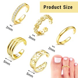 atnayo 5 Pcs Toe Rings for Women, Open Adjustable Gold Plated Toe Ring for Summer Beach Foot Jewelry