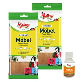 Poliboy Furniture Wet Wipes - Dusters for All Surfaces, Wood, Plastic, Metal - All-Purpose Wet Wipes for the Household - 2 x 24 Wipes - With Furniture Sample - Made in Germany