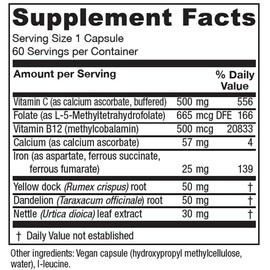 Vitanica Iron Extra, Iron Supplement Enhanced Absorption with Vitamin C 500mg, Methylfolate 400mcg, B12 Vitamin 500mcg, Calcium, Yellow Dock, Dandelion Root & Nettle Leaf Extract, Vegan, 60 Capsules