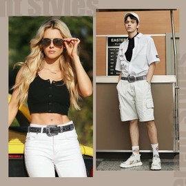 FIORETTO Men Women Rhinestone Belt Western Studded Leather Belt Shine Crystal Bling Diamond Cowgirl Cowboy Waist Belt for Jeans Pants All Black