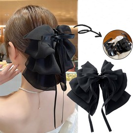 Rannyrena Large Hair Bow for Women Long Satin Silk Knot Hair Claw Clips Lace Black Tulle Hair Barrettes with Pearls Long Tail Bowknot Hair Decorations Accessories (Black bow)