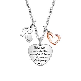 KENYG Necklace Gift for Boys Girls Heart Shape Pendant Necklaces With 26 Initial Letters,Inspirational Necklace for Daughter Niece Sistes Best Friends (R)