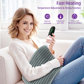 Heating Pad Electric Heat Pad for Back Shoulder Neck, Heated Pad Electric Heats up Quickly with 9 Heat Levels and 4 Timer Settings, Small Electric Blanket Machine Washable, 30 x 60 cm, Grey
