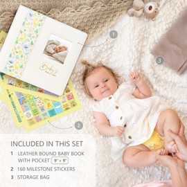 Keepsake Baby Memory Book Girl Boy – Timeless Leather-Bound Baby Milestone Book – Baby Book Keepsake Record First 5 Years - Gender Neutral Baby Scrapbook Album Baby Album Journal Registry Search Gift