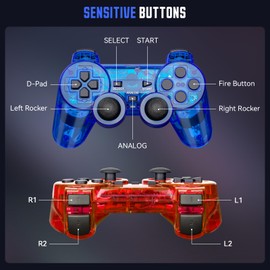 GamingBoy Wireless Controller for PS2, 2 Pack 2.4G Dual Vibration Gamepad Joystick Compatible for Play station 2, Ps-2 Game Remote with Wireless Receivers （Clear Red and Clear Blue）