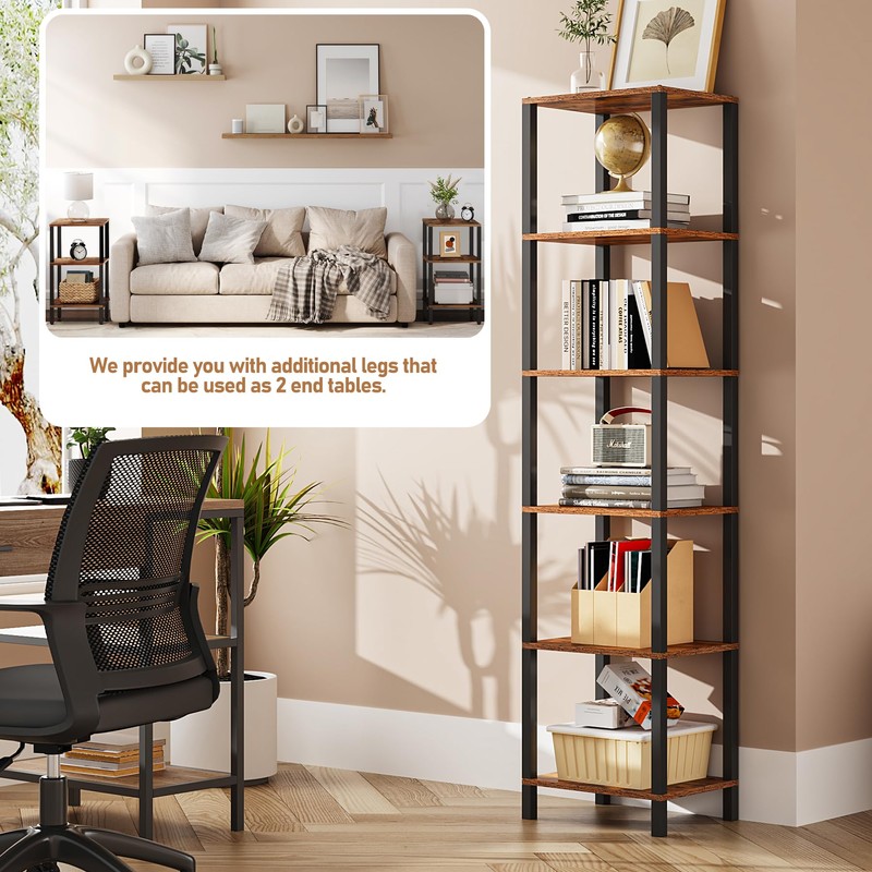 TUTOTAK Bookshelf, 6-Tier Tall Book Shelf, Narrow Bookcase for Small