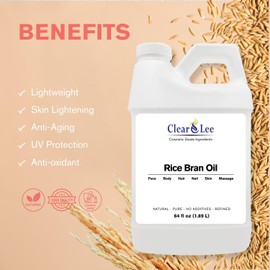 ClearLee Rice Bran Oil - Cosmetic Grade Natural & Pure Oil for Massage, Body, Hair, Skin, Face, Nail, Spa, Aromatherapy Carrier for Essential Oils, Soap Making, Serums & More (64 oz)