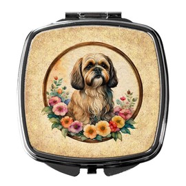 Caroline's Treasures Lhasa Apso and Flowers Compact Mirror Decorative Travel Makeup Mirror for Women Girls Gifts Pocket Makeup Mirror Folding Handheld