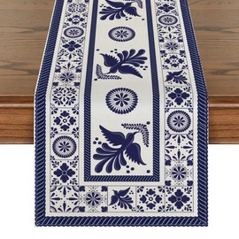 Artoid Mode - Camino de mesa mexicano con diseño de pájaro floral Día de los Muertos, azulejos azules de retazos, decoración de mesa de cocina y comedor para decoración del hogar y fiestas, 13 x 72