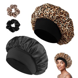 Hair Bonnet for Sleeping, Wide Elastic Band Satin Bonnet Silk Bonnet Shower Cap, Suitable for Long and Curly Hair, Includes 2 Shower Caps + 2 Barrettes (Black + Leopard)