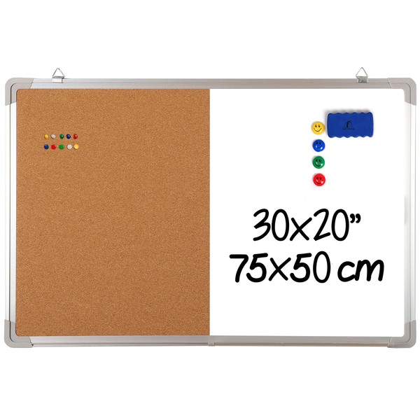 Combination Whiteboard Bulletin Board Set - Dry Erase / Cork Board 30 x 20" with 1 Magnetic Dry Eraser, 4 Markers, 4 Magnets and 10 Pins - Big Combo Tack White Board for Home Office Cubicle Desk