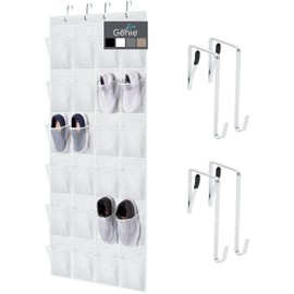 HOME GENIE Over The Door Hanging Shoe Organizer, 24 Breathable Mesh Pockets, Closet Rack Storage Holder, Stay in Place Hooks Hang on Closets, Hanger Holds Up to 40 lbs for Shoes, Accessories, White