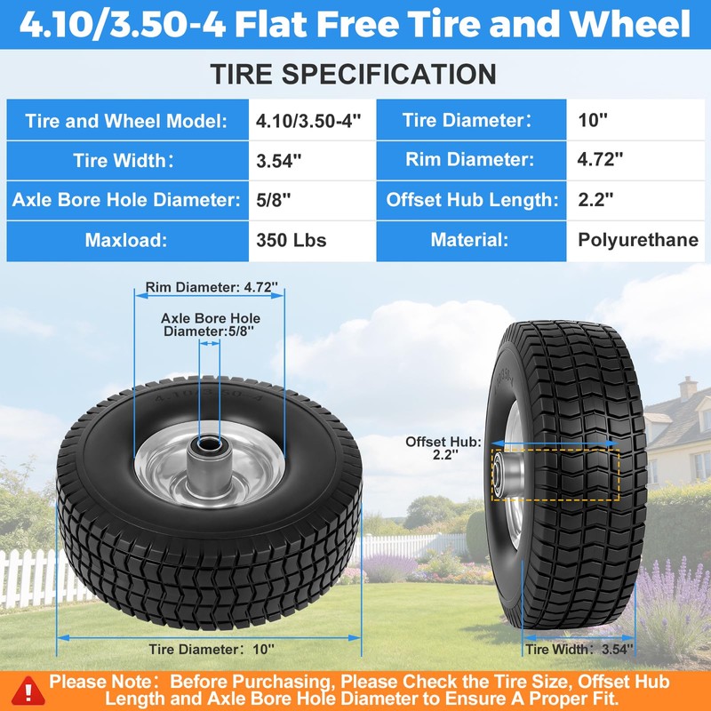 RRQ 4.10/3.50-4 Flat Free Tire and Wheel, 10" Heavy Duty