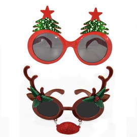 BOLZRA Christmas Sunglasses Props, 2 Pack Cartoon Reindeer Xmas Tree Eyeglasses Costume Glasses for New Year Party Favors Ornaments Gift
