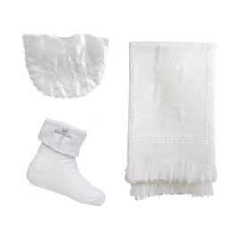 Baby Boys & Girls Christening Set, Wrap, Bib, Socks, Christening Day Gift Set, White, 0-6 Months