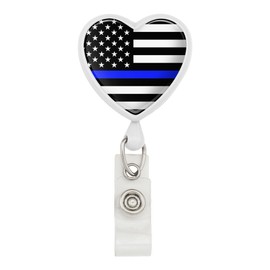Thin Blue Line American Flag Heart Lanyard Retractable Reel Badge ID Card Holder - White