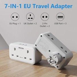 UK to European Plug Adapter with 3 USB, 2 Way Plug Extension with Dual 2 Pin Socket at The Bottom, Travel Adapter Plugs UK to Europe EU, Type E/F Plug Adaptor for Germany France Spain Turkey Greece