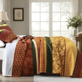 VatinHK 100% Cotton Quilt Set Queen Size - Striped Plaid Patchwork Queen Bedspreads, Yellow Floral Bedding Quilt Sets, All Seasons Lightweight Vintage Coverlet with 2 Pillow Shams, Reddish Brown