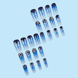 Gradient Blue Press on Nails Medium Square Fake Nails with Butterfly Designs Spring False Nails Rhinestones Acrylic Nails Glossy Glue on Nails Full Cover Stick on Nails for Women 24Pcs