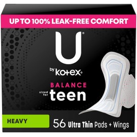 U by Kotex Balance Teen Ultra Thin Pads with Wings, Heavy Absorbency, 56 Count (4 Packs of 14) (Packaging May Vary)