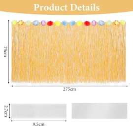 Aomig Hawaiian Grass Table Skirt, Hawaiian Tropical Party Decoration Grass Table Skirt, 275 x 75 cm Grass Table Cloths with Flowers for Luau Party Birthday Tiki Bar Tropical Hula Party(1 Pc)