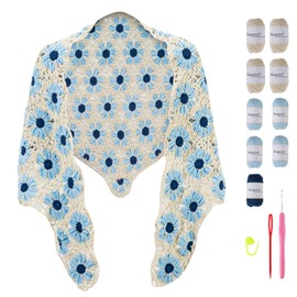 Noocro Crochet Kit for Intermediate or Advanced Levels, Complete Craft Kit for a Floral Daisy Shawl with Step by Step Video Tutorials Detailed Instructions, Perfect Holiday Gift or DIY Project (Blue)