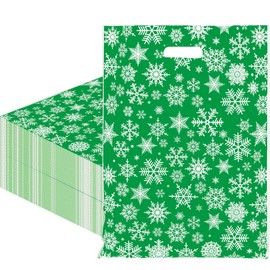 Frienda 100 Pcs Christmas Plastic Gift Bags Bulk 12 x 15 Inch Green Snowflake Goodie Bags Xmas Treat Bags with Handle Holiday Gift Bags for Small Business Shopping Christmas Party Favor Supplies