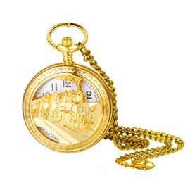 JewelryWe Mother's Day Gift Retro Pocket Watch with Chain Women Men Analogue Quartz Chain Watch Vintage Watch Pendant with Necklace Gift for Women Men, Gold - Train