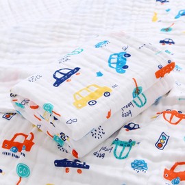 Hivia Muslin Baby Blanket, 6-Layer Cuddly Blanket, Baby Cotton Muslin Blanket, Children's Swaddle Blanket, Soft Bath Towel, Children's Blanket for Newborns, Girls, Boys, 110 x 110 cm (Colourful Car)