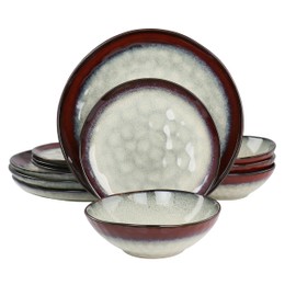 Elama Samara 12 Piece Stoneware Dinnerware Set (Off White/Red Rim)