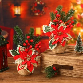 Zeyune Christmas Poinsettias Artificial Christmas Flowers Floral Red Table Top Pinecone Poinsettia and Holly Berries Silk Flower Arrangements in Decorative Pot Greenery Holiday Xmas Home Decor (2 Pcs)