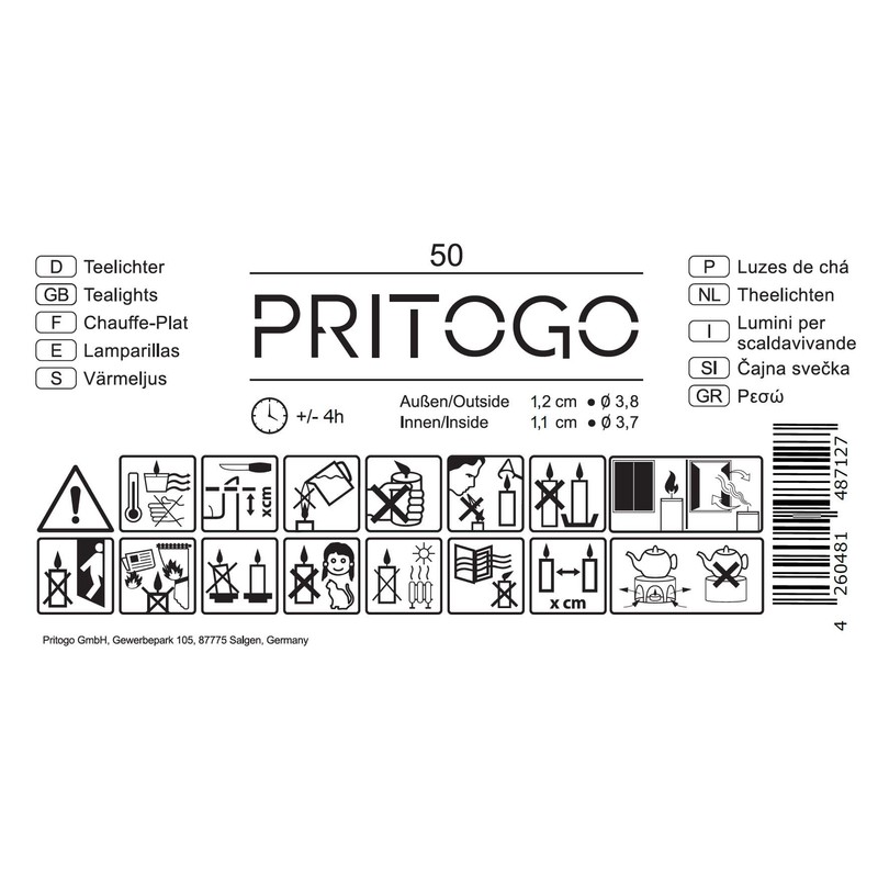 PRITOGO Tea lights, white, 38 x 12 mm, soot-free, burning