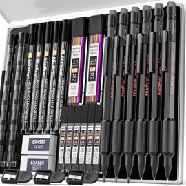 Nicpro Metal Mechanical Pencil Set, 3PCS Art Drafting Pencil 0.5, 0.7, 0.9MM & 2PCS 2MM Mechanical Drawing Pencils with 126 Lead(4B 2B HB 2H 4H Color) Weatherproof Barrel for Writing Sketching Drawing