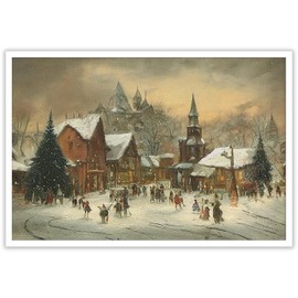 Huabsad Vintage Christmas Canvas Wall Art 18th Century Winter Village Landscape Famous Oil Painting Art Work Prints Farmhouse Aesthetic Pictures Wall Decor 12x16in Unframed