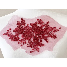 PEPPERLONELY Parches bordados de flores 3D para novia con encaje de tela, apliques de perlas de tul, vino, 24 x 16 cm