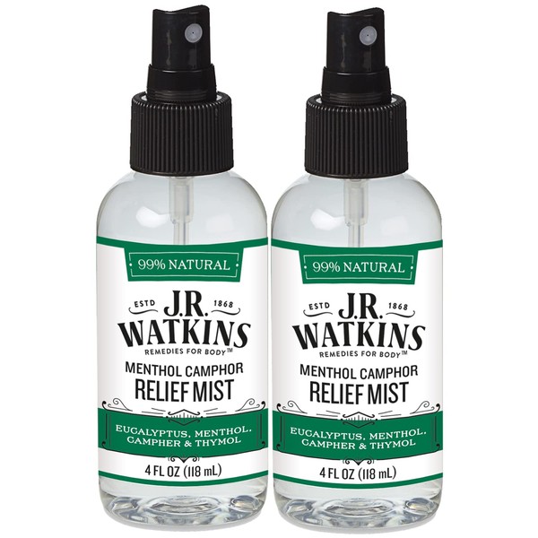 J.R. Watkins Natural Menthol Camphor Relief Mist, Relief Mist for Flu and Cold Relief, Decongestant for Stuffy Nose, USA Made and Cruelty Free, 4 Fl Oz, 2 Pack