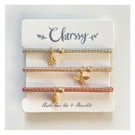 Glitter Hair Tie Bracelets for Women and Girls, 3 pcs Stretch Bee & Pine Cone Bracelets, Stylish Hair Ties for Ponytail Holders & Thick Hair