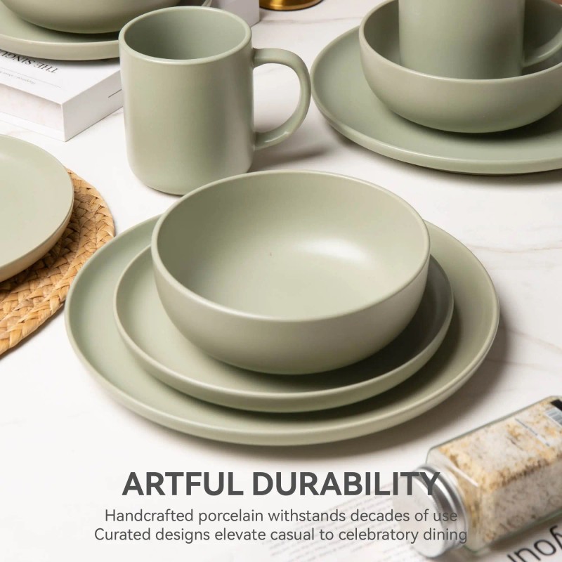 12-Piece Green-Stone Microwave & Dishwasher Safe Stoneware Dinnerware Set Non-Toxic