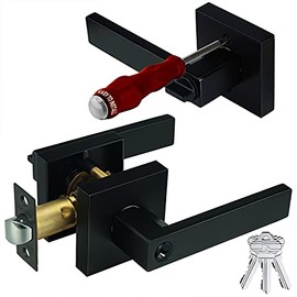 Hade Lion 1Pack Entry Square Door Handles with Keys, Easy to Install Matte Black Entrance Straight Door Lever,Heavy Duty Bedroom Door Locks