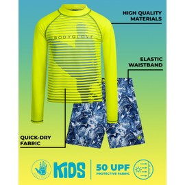 Body Glove Boys Swim Set - Boys Swim Trunks with Rash Guard UPF50+ 2 Piece Bathing Suits with Shorts Swimsuit Set (Size 4-12), Size 12, Yellow Swirl Surf