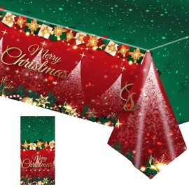 PXDUCN Christmas Table Cloth,137 * 274cm Large Shiny Red and Green Plastic Tablecloth,Wipe Clean Tablecloth,Christmas Decorations, Winter Holiday Christmas Party Supplies Table Decoration