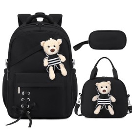 ACESAK School Backpack for Girls - 3 PCS Cute Girls Backpack with Lunch Box & Pencil Case - Kawaii Casual Kids Bookbag School Bag Daypacks Set for Elementary Middle High School Student Teens (Black)