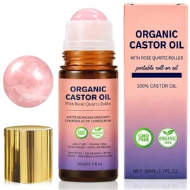 Organic Castor Oil Roll-On with Rose Quartz Roller, 100% Pure Cold-Pressed Castor Oil for Nails, Hair and Skin 1.7 Fl.OZ (50ml)