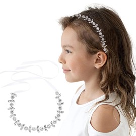 PRDGIRL First Communion Headband for Girls Rhinestone Floral Leaves Flower Girl Headpiece Hair Accessories for Women Baby Toddlers Wedding, Photography, Birthday Party (Silver)