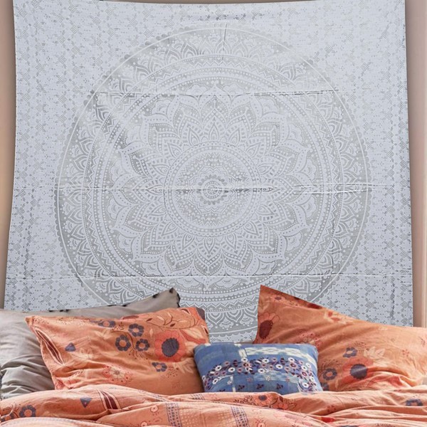 Furnishful Finesse Mandala Silver Ombre Tapestry Boho Wall Hanging Tapestries
